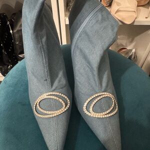Fashion Nova Light Blue Denim Pointed Toe Ankle Booties with Rhinestone Ovals